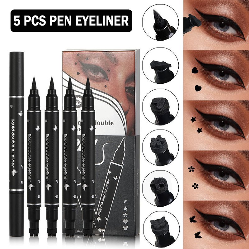 XINGXYUEL 5PCS Liquid Winged Eyeliner Stamp Pen Set - Double-headed Black Eye Liner Pencil - Long-lasting Waterproof Stamp Eyeliner Set for Eye Makeup - Star, Heart, Flower, Butterfly, Triangle