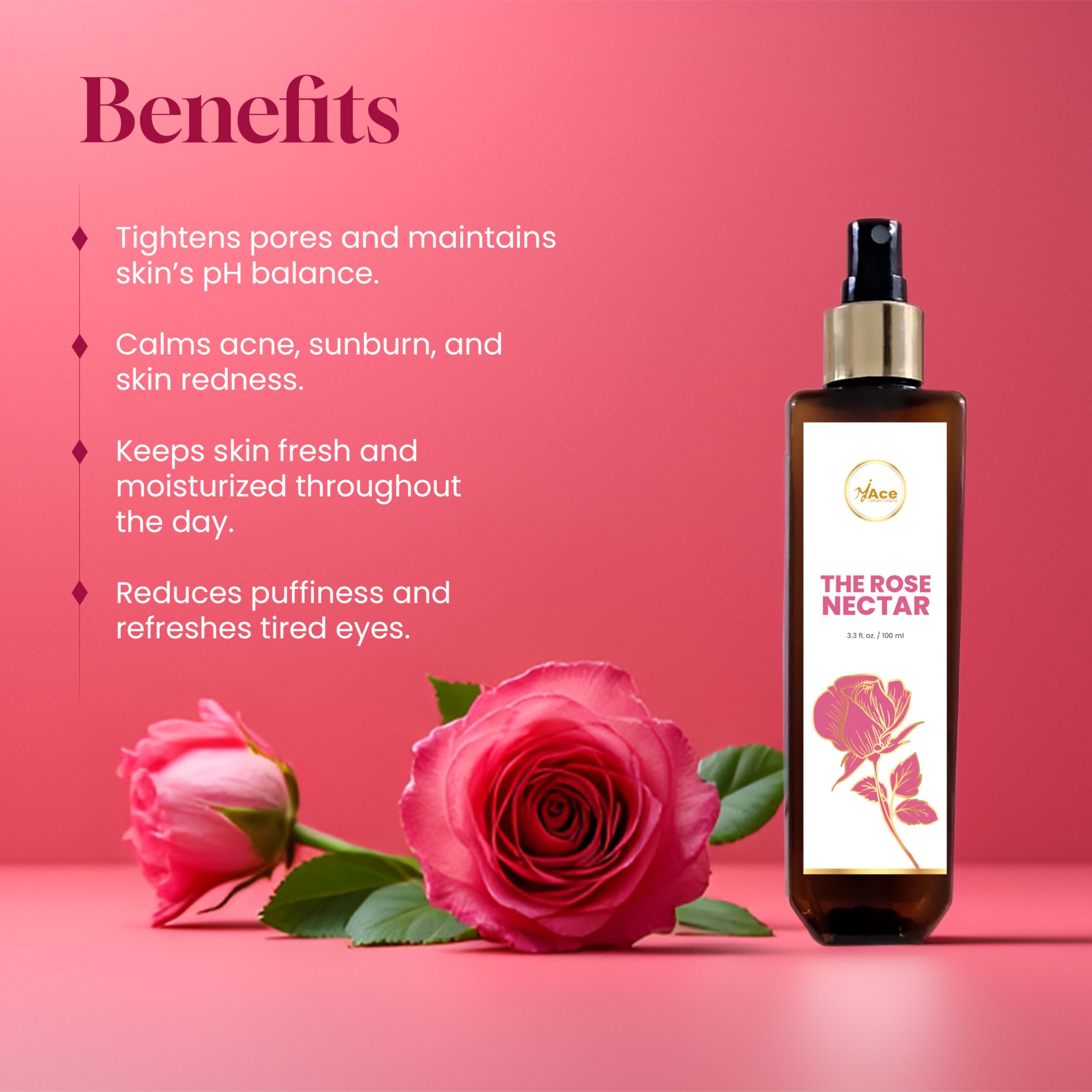My Ace Rose Nectar Face Mist - Hydrating Facial Toner & Rose Water Spray with Niacinamide & Licorice - 100% Pure, Natural, Organic, Alcohol-Free for Soothing, Refreshing, Brightening Skin - 3.38 fl oz