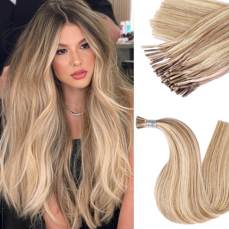 DIYOMO I Tip Hair Extensions - Human Hair,Ash Brown Highlighted Bleach Blonde 20 Inch For Women Soft & Natural Itip Human Hair Extensions 50g 60s