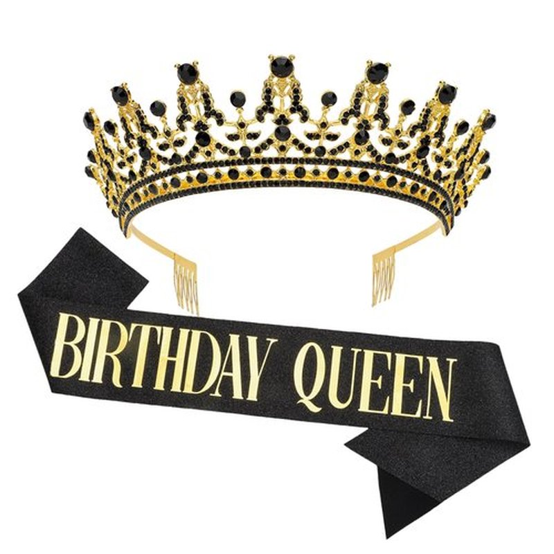 GAFATORY Black Gold Birthday Queen Crown and Sash for Women Birthday Crowns Decorations Tiara and Sash for Women Princess Tiara with Comb Princess Crown Girl Tiara Party for Girls