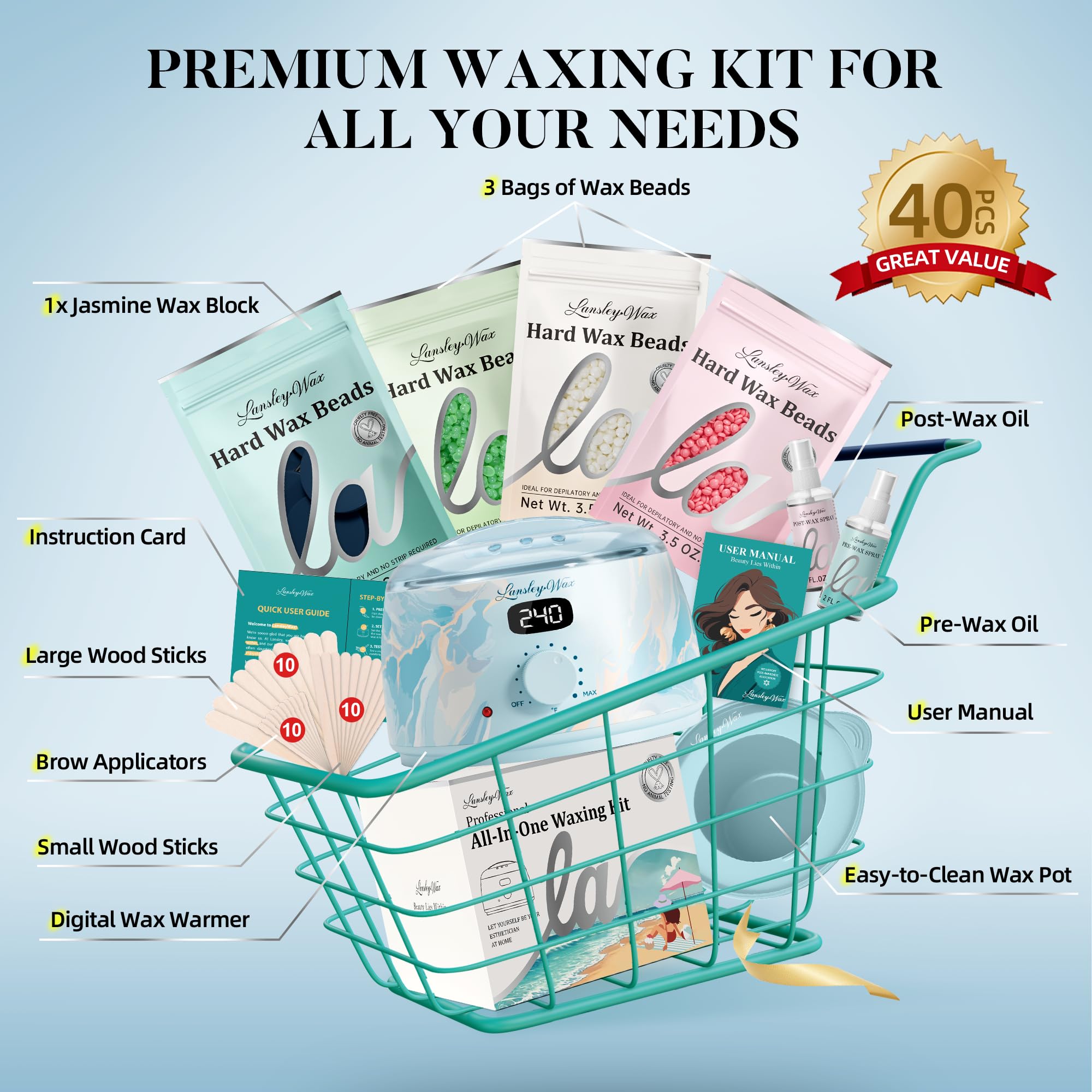 LANSLEYWAX Digital Waxing Kit for Women Men - Water Blue Waxing Machine with 39 Accessories - Hard Wax Kit for Arm Leg Brazilian Bikini Face Sensitive Skin, Wax Warmer Hair Removal for Home/Salon Use