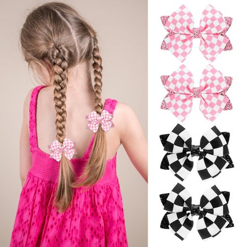 4 Pcs Glitter Pink Checkered Flag Bow for Girls Women, 4 Inch Baby Bows Clips Checker Racing Checkered Flag Hair Bow Clip, Alligator Clips Barrettes Race Fan Car-Themed Birthday Party Gift Accessories