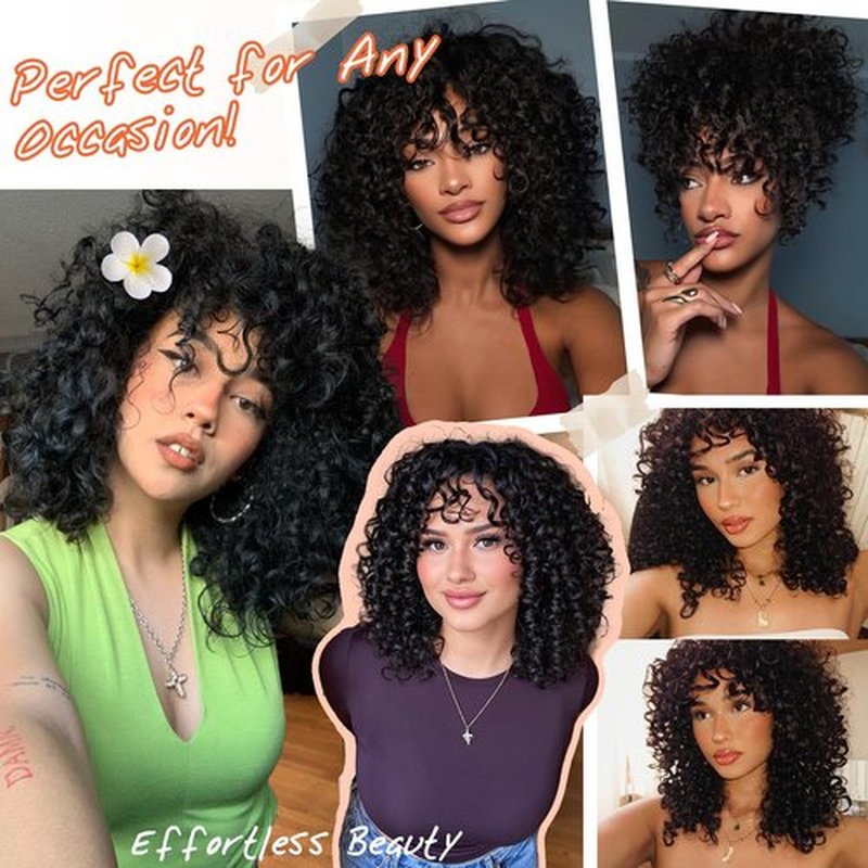 SweeceHair Curly Wigs for Black Women Black Short Afro Curly Wig with Bangs 14 Inch Bouncy Fluffy Heat Resistant Synthetic Wig for Daily Party Use