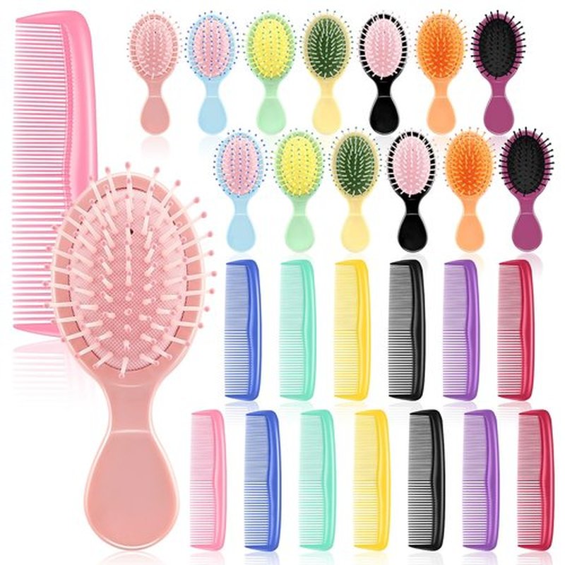 HOFASON 28 Pieces Bulk Mini Wet Hair Brush & Mini Combs Set for Kids Girls Women, Easter Basket Stuffers, Bridesmaid Gifts, Spa Party Supplies, 14 Travel Small Brush and 14 Fine Wide Hair Combs