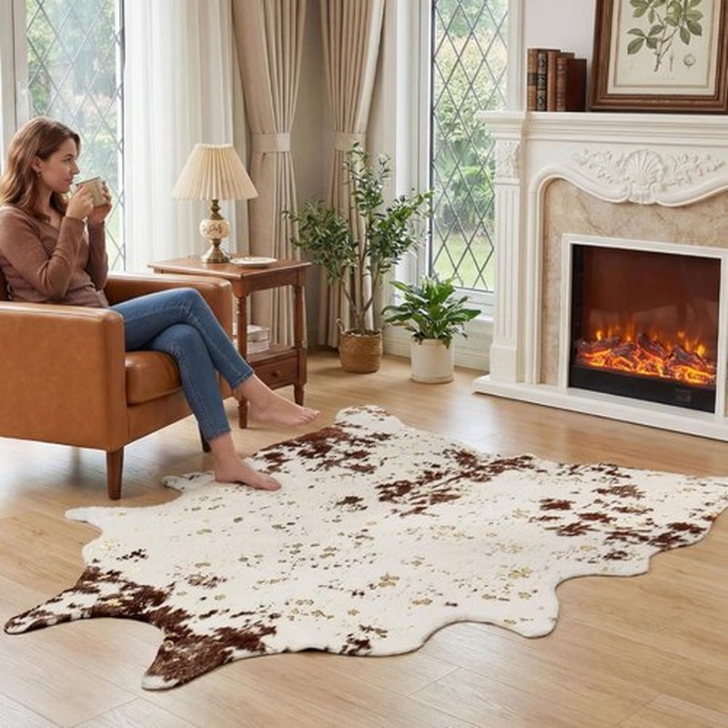 JONIYEAR Faux Cowhide Area Rug - Large Durable 4.9 x 6.56 Feet Brown & Gold Print for Living Room & Bedroom
