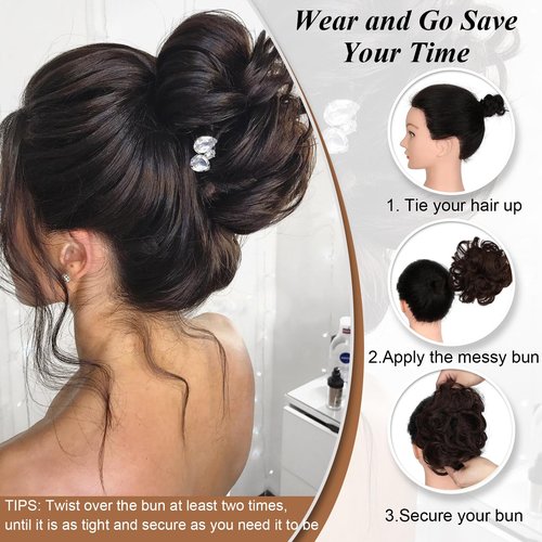 NEOWIG 2PCS Messy Bun Hair Piece Hair Bun Wavy Curly Synthetic Updo Fake Scrunchies Ponytail Extension for Women Black Brown