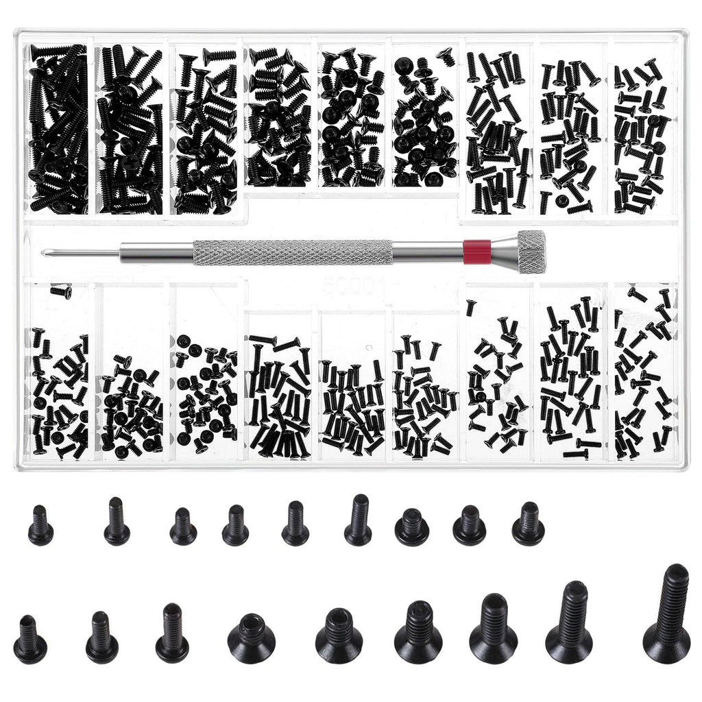 500 Pcs Tiny Screws Tiny Micro Repair Screw Kit M1.2/M1.4/M2.0 Small Replacement Screws Black Laptop Computer Electronic Screw Assortment Kit with Screwdriver for Glasses Watches