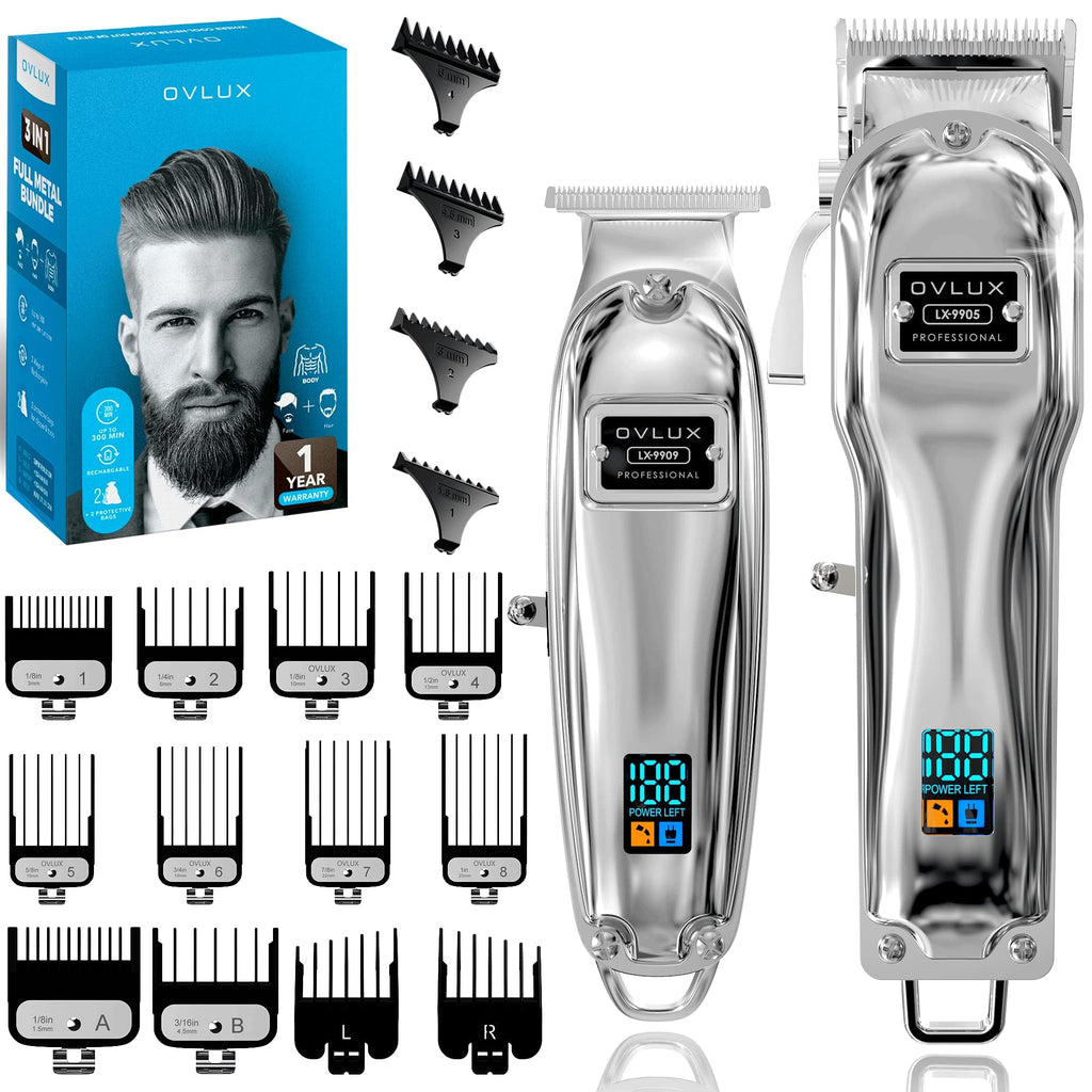 OVLUX Professional Cordless Hair Clippers for Men, Rechargeable Full Metal Beard Trimmer, Barbers Trimmer, Ideal Gift for Men, Dad - Silver. (Clipper & Trimmer Set)