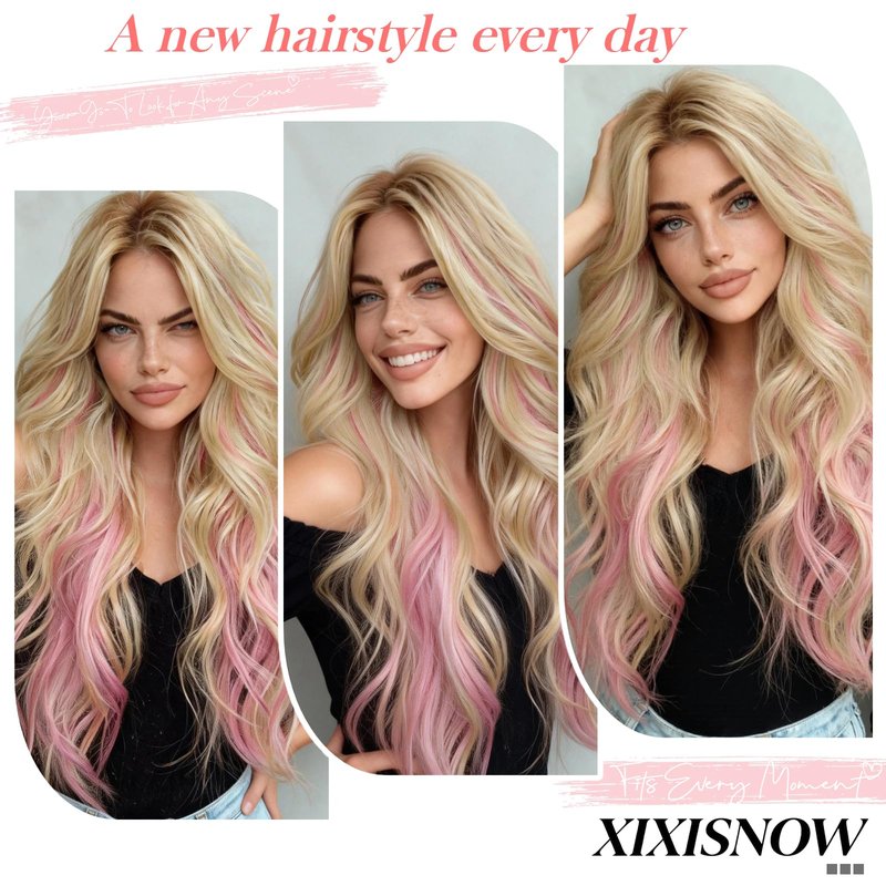 XIXISNOW Clip in Hair Extensions 25 Inch 4PCS Long Wavy Synthetic Hair Pieces for Women - Heat Safe Thick Natural Fake Hairs Extensions Double Weft Clip Ins Party Daily Use Blonde Mix Pink