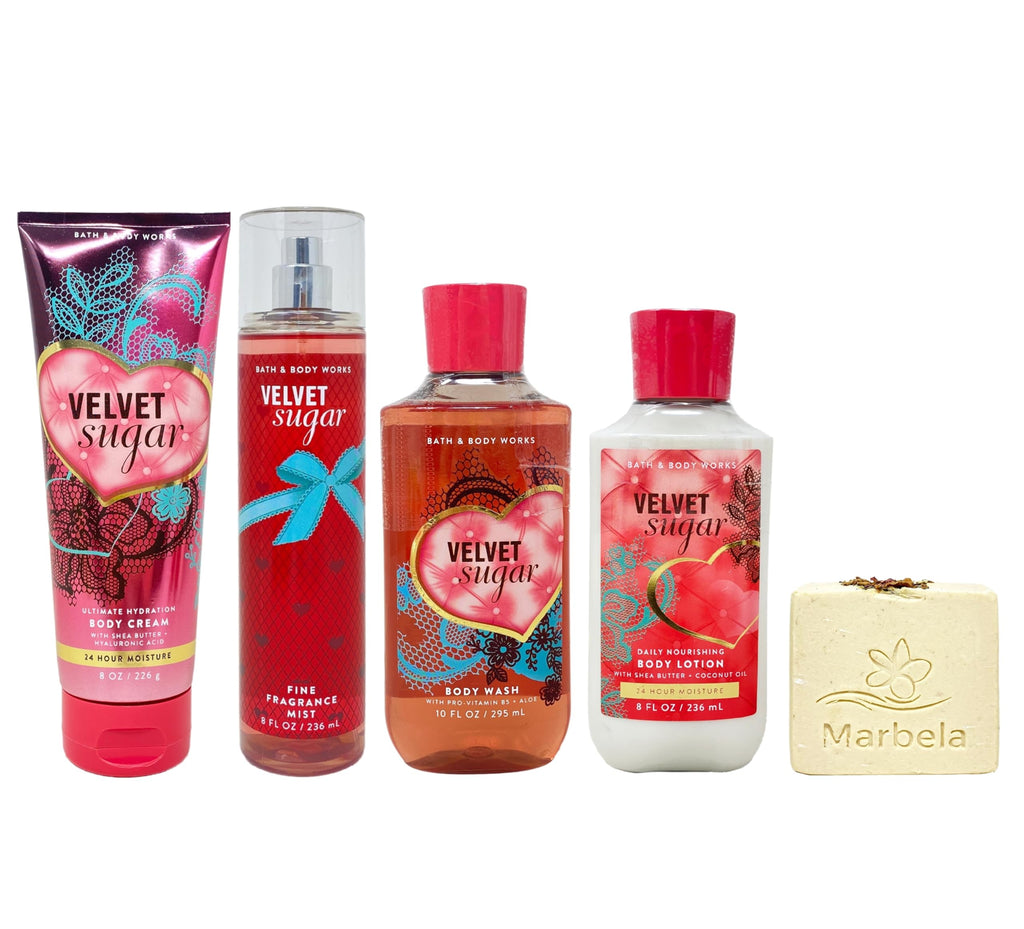 Bath & Body Works Velvet Sugar Deluxe Gift Set - Body Cream, Fragrance Mist, Body Wash and Body Lotion - with a Creamy Rose Bar Soap - Full Size