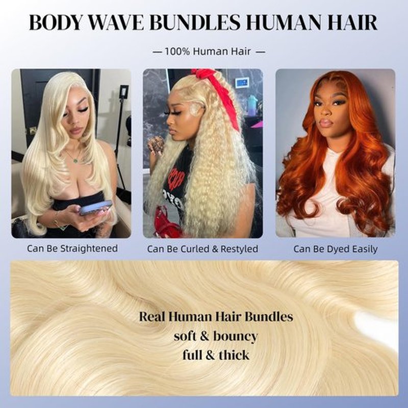 613 Blonde Bundles Human Hair Body Wave 24 inch, 16A Quick Weave Bundles Human Hair Sew in Extensions 100% Real Human Hair No Synthetic Blend, Double Weft, Triple Lifespan 3X, Can Be Dyed