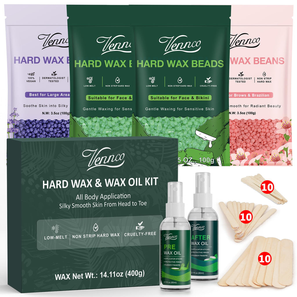 Vennco Hard Wax Beads Kit for Hair Removal, 36 Pieces Wax Beads for Full Body, Face, and Brazilian Bikini, Aloe, Lavender, Cherry Blossom - Includes Pre and Post Wax Oils