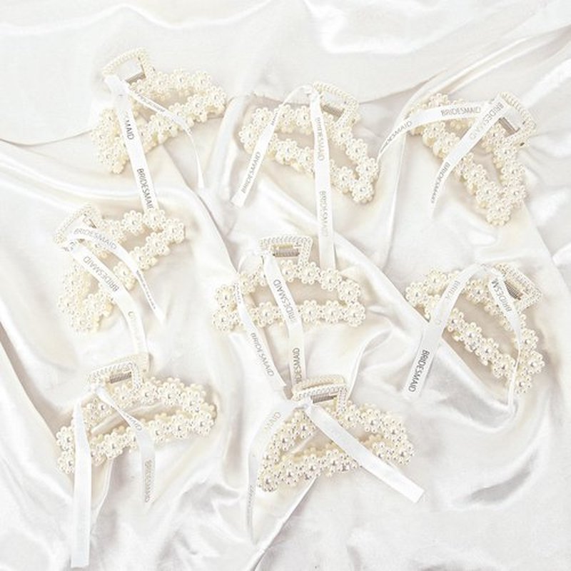 Pearl Bridesmaid Hair Claw Clips 3.7 Inch With Ribbon and 1Pack Acrylic Bride Claw Hair Clip With Rhinestone Bride Logo Set,Bachelorette Bridal Party Favors Present Bridesmaid Proposal Gifts