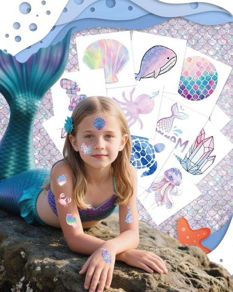 SUNAI Mermaid Party Favors - 100 Style Pre-Cut Mermaid Temporary Tattoos(2x2 Inch) Perfect for Under The Sea Themed Birthday Party Decorations, Supplies, Goodie Bag Fillers
