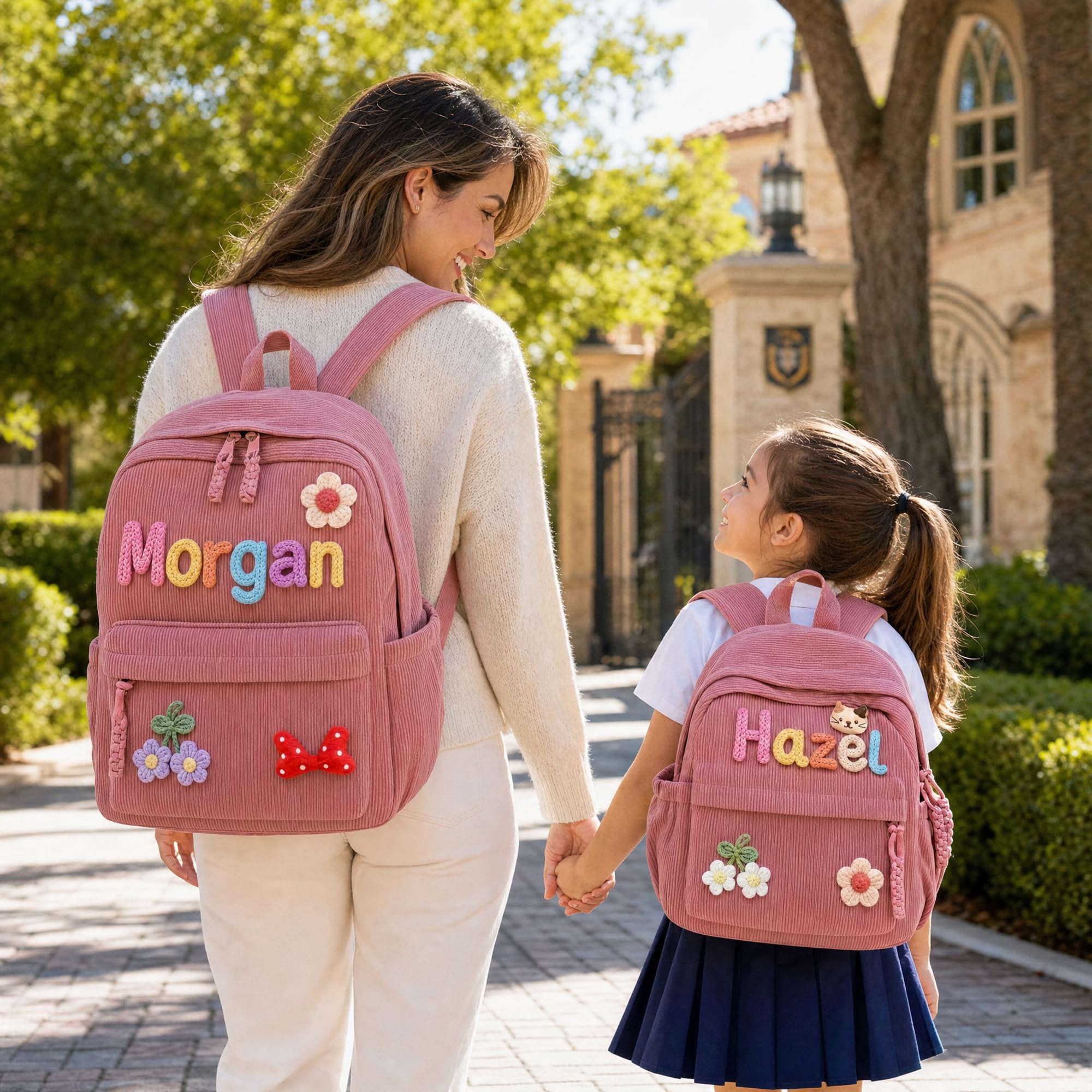 KEQHAULI Custom Corduroy Backpack—a matching parent-child set featuring a hand-woven cotton cord design, making it an ideal birthday gift.
