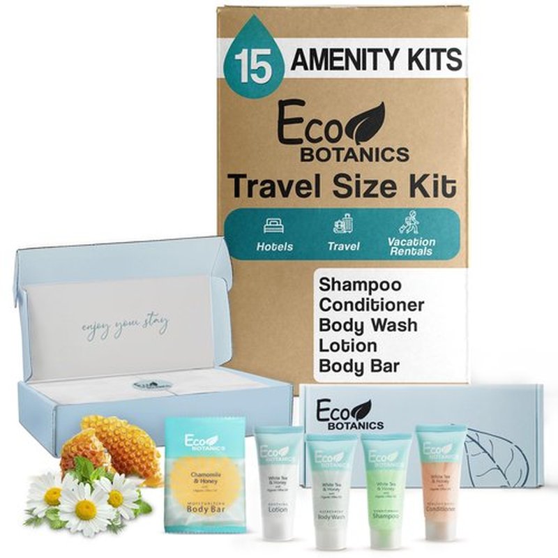 Eco Botanics Amenity Kit | Boxed Hotel Toiletries | Bulk Set .85 oz Travel Size Shampoo, Conditioner, Lotion, Body Wash & Body Bar Soap for Guest Hospitality AirBnB/Vacation Rentals | 15 sets per case