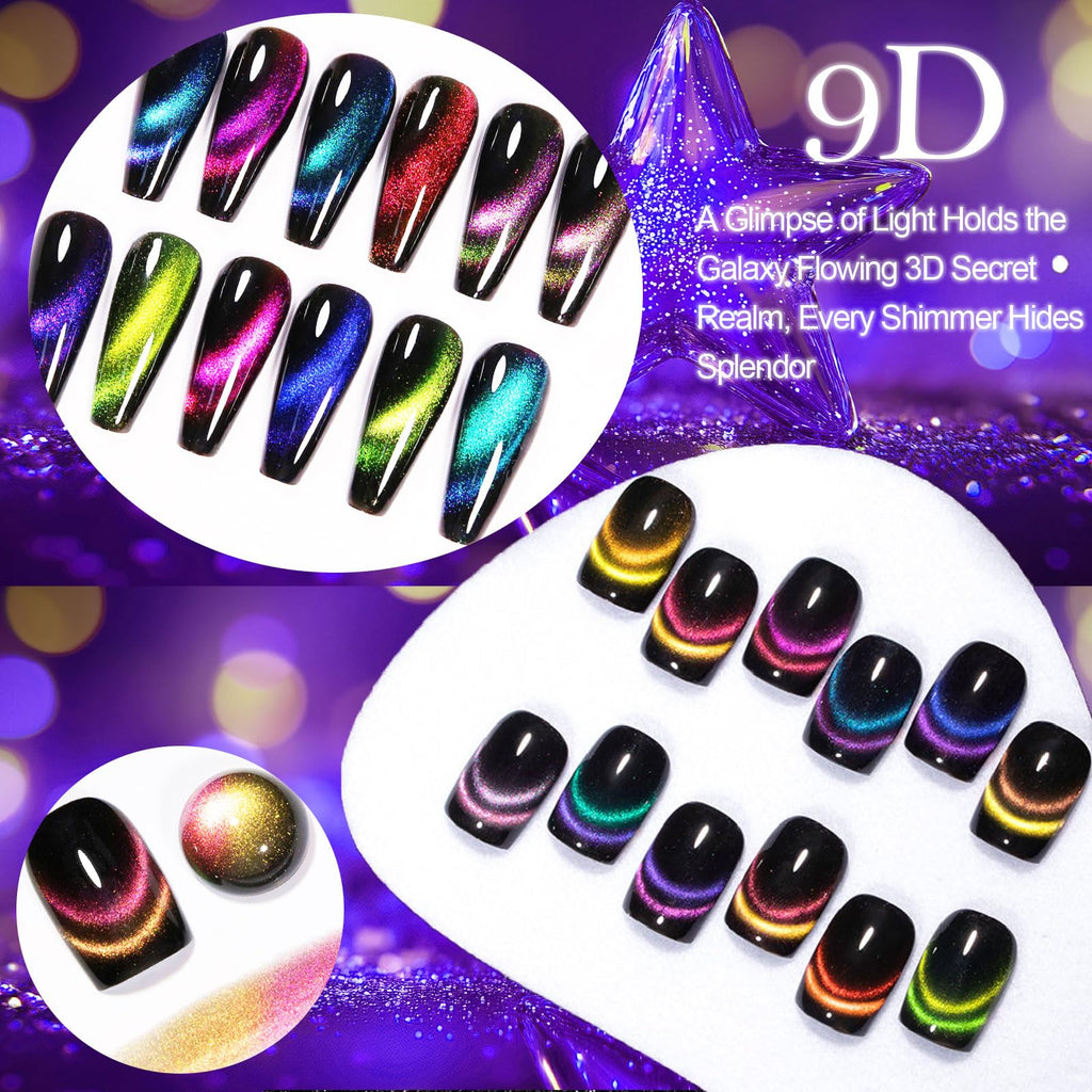 YEPYEPGO 9D Cat Eye Gel Nail Polish Set 8 Colors, Cat Eye Gel Polish with Magnet, Magnetic Cateye Chameleon Galaxy Effects Professional Use for Salon
