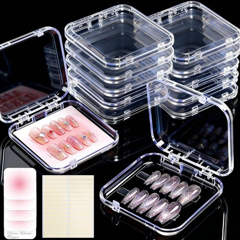 PZSZMIAO 12PCS Press on Nail Storage Box Acrylic Organizer Nail Case Nail Display Case Nail Display Box Artificial False Nail Box with Double Sided Adhesive Nail Tape Suitable for Press on False Nail