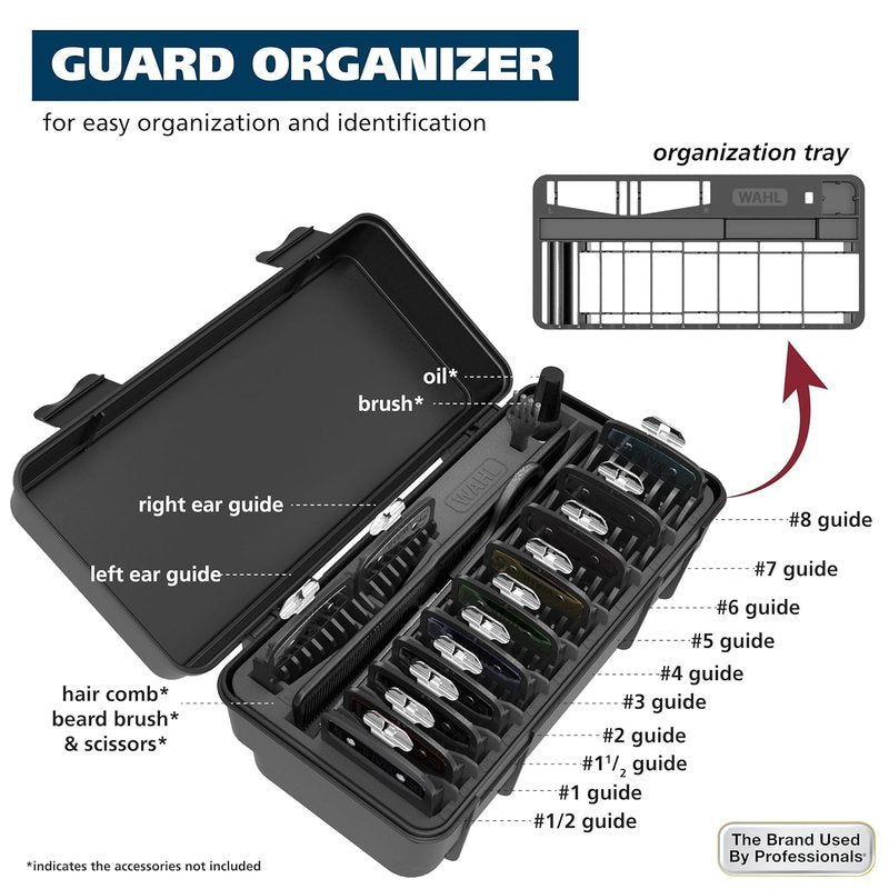 Wahl Genuine SECURE-SNAP® Guide Comb Set - 12 Full Size Attachment Guards with Colored Clips & Caddy