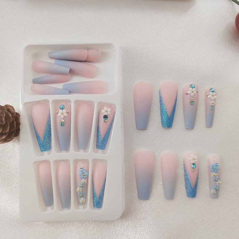 24Pcs Long Press-on Coffin Fake Nails with Flowers Designs, Full Cover Acrylic Matte False Nails Gradient with Rhinestones, Stick-on Nails for Women