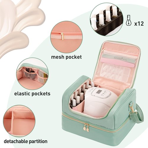 KGMCARE Nail Polish Organizer Case, Nail Supplies Storage Holds 60 Bottles Nail Polish & Nail Lamp Gel Nail Travel Carrying Bag for Nail Kit (Green)
