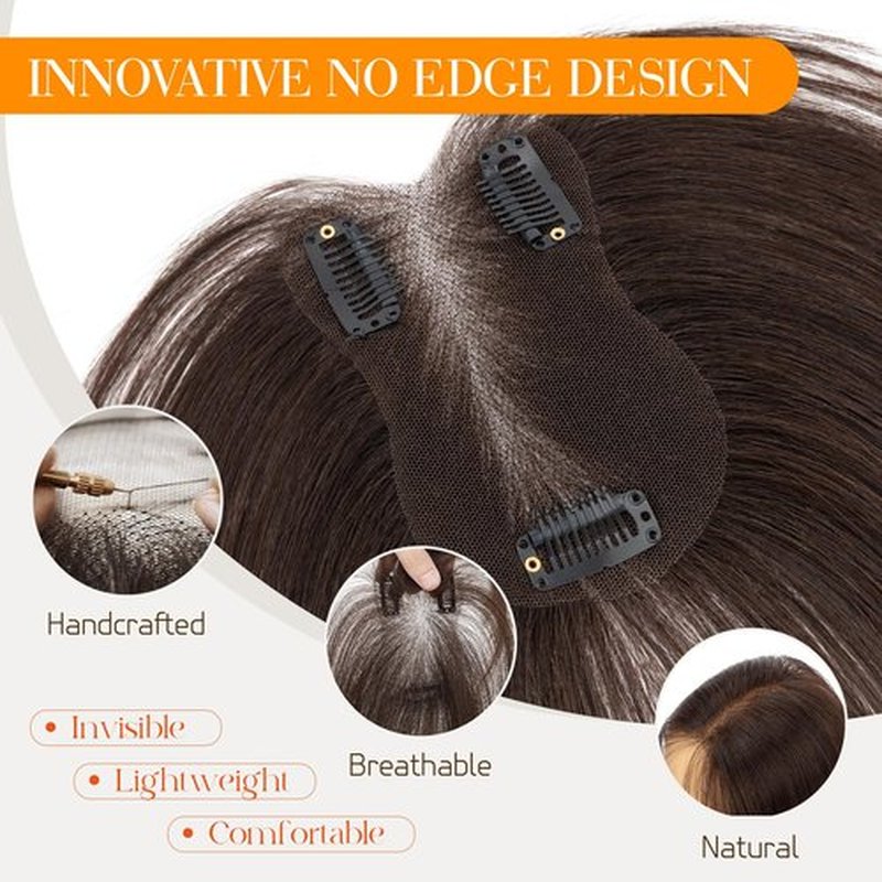 Hairro Human Hair Toppers For Women No Bang Middle Part Side Bangs Hair Clip Wispy Thin Short Wiglet Hairpieces 11 Inches 14g #02 Dark Brown