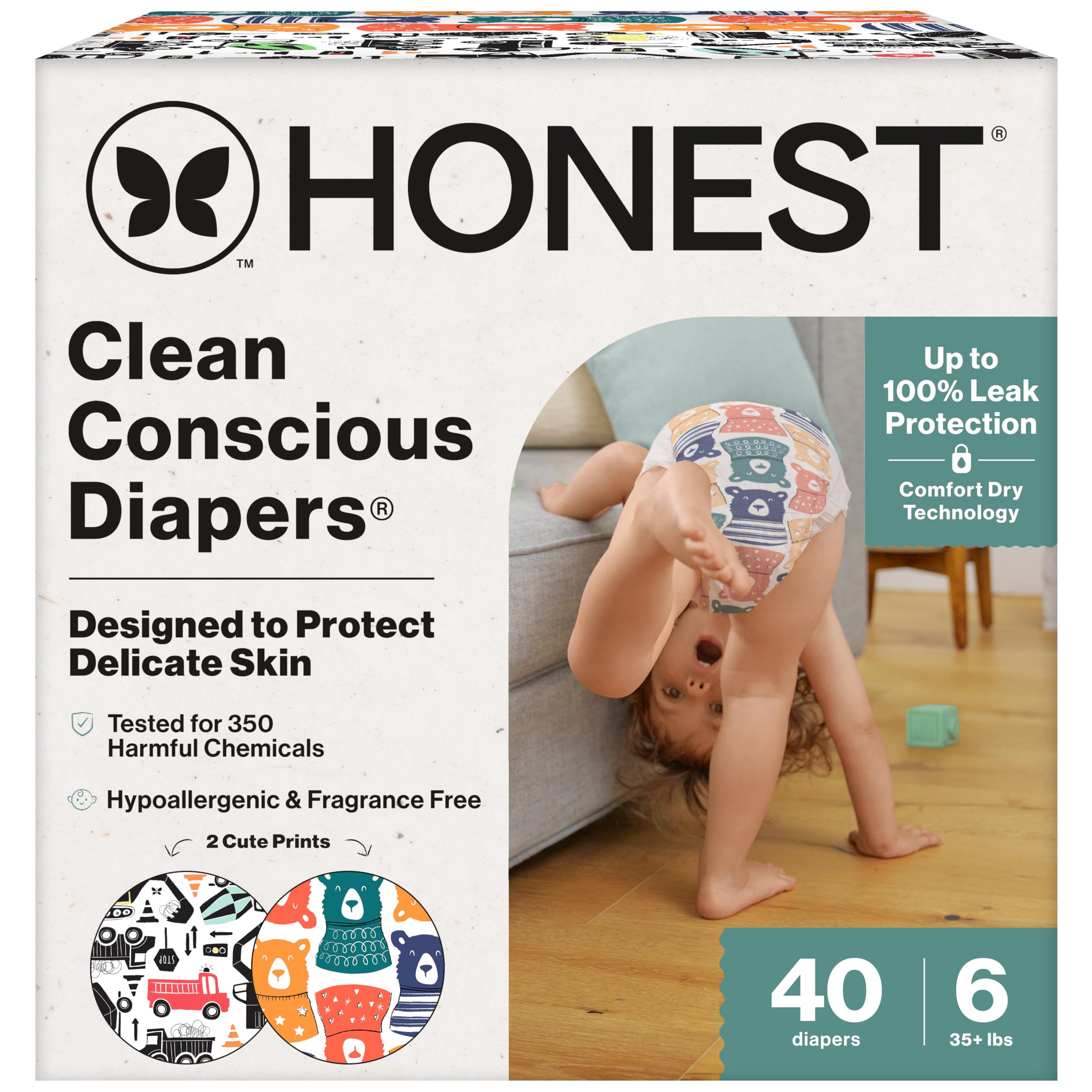 The Honest Company Comfort Dry Disposable Daytime Diapers, Hypoallergenic, Fragrance-Free, Sensitive Skin, Beary Cool + Big Trucks, Club Box Size 6 (35+ lbs), 40 Count