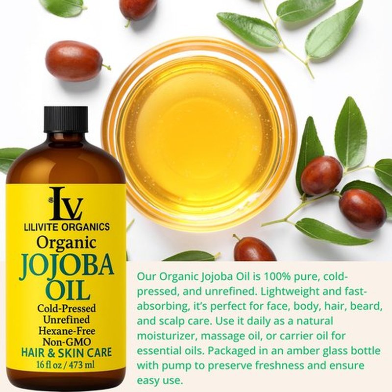 Organic Jojoba Oil – 100% Pure, Cold-Pressed, Unrefined – Jojoba Oil for Hair, Skin, Face, Body, Beard, and Scalp – Natural Carrier Oil for Essential Oils – 16 fl oz Amber Glass Bottle with Pump