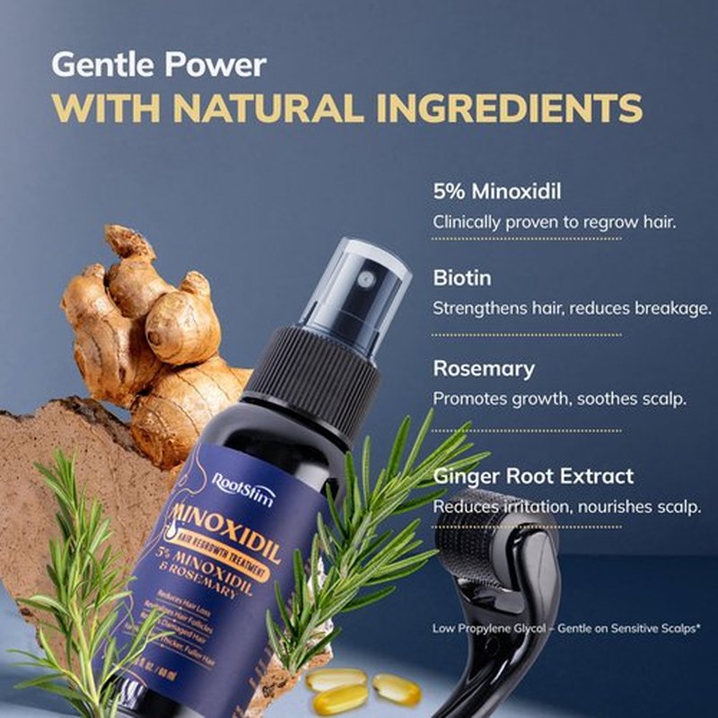 5% Minoxidil Hair Grouth Kit for Men and Women with 0.25 mm Skin Roller – Hair Regrowth Spray & Beard Growth Kit – Targets Thinning Hairlines, Crowns & Patchy Beards – Non-Greasy, Fast-Drying 60ML