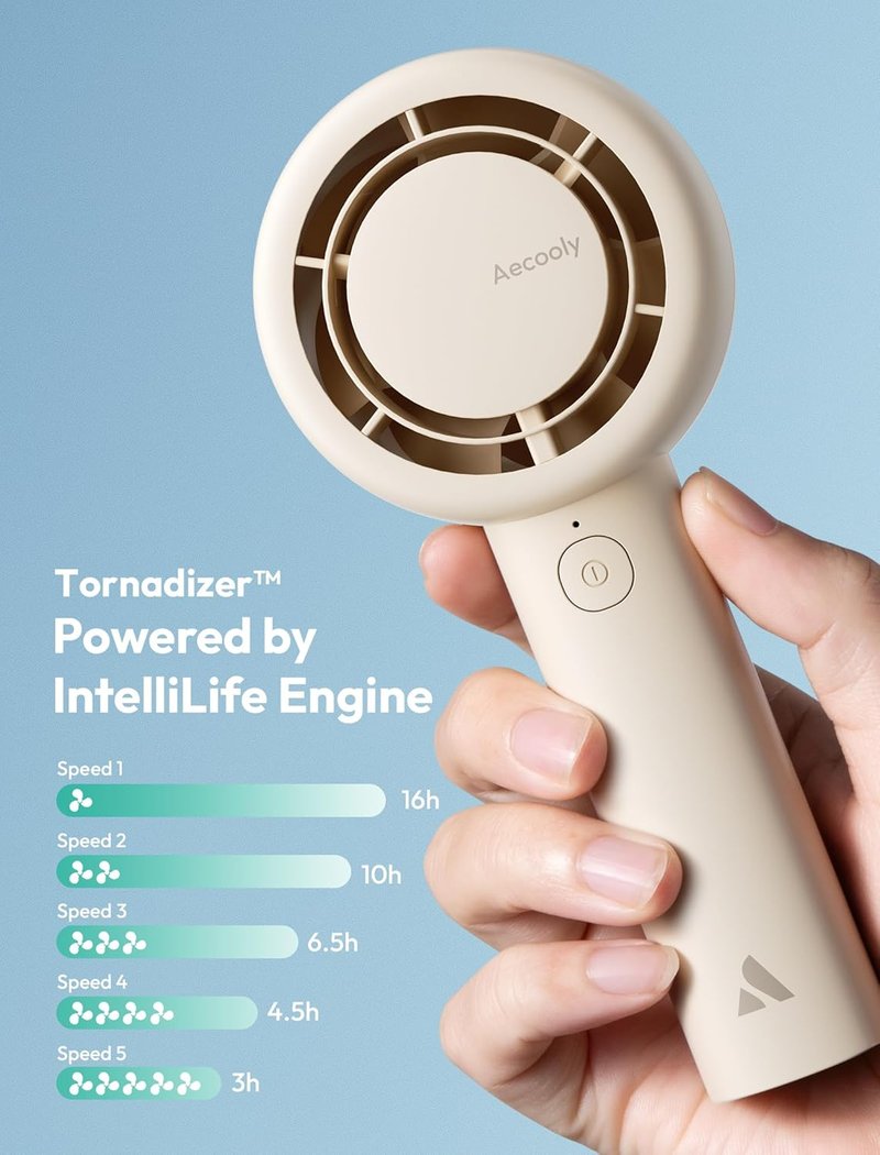 Aecooly Portable Handheld Turbo Fan - 5-Speed USB Rechargeable Mini Cooling Fan | 16H Max Cooling Time, Beige
