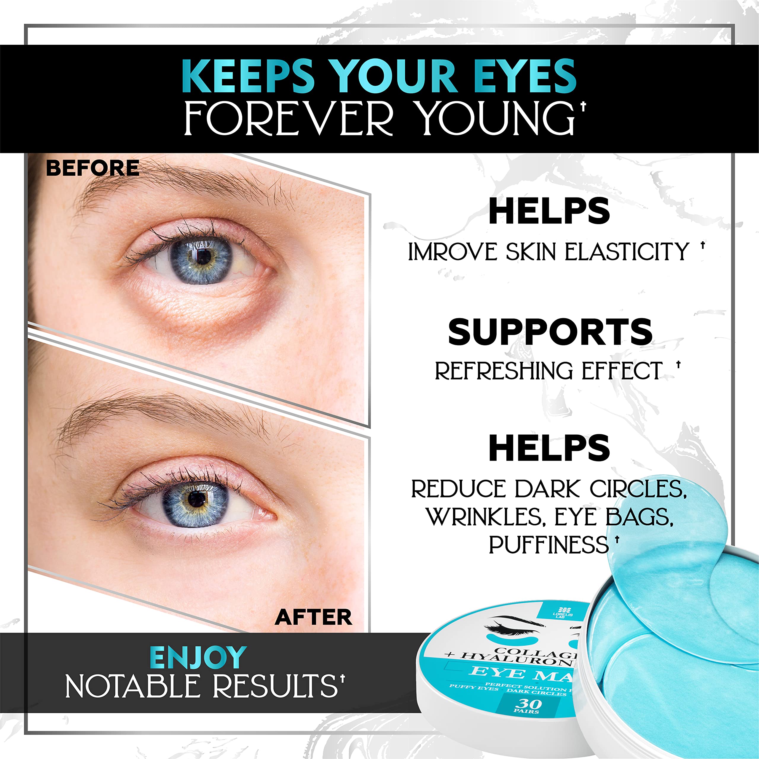 Under Eye Patches for Puffy Eyes, Dark Circles, Dull Skin - Natural Moisturizing Support - Help with Wrinkles and Fine Lines - Under Eye Mask with Hyaluronic Acid, Collagen, Caffeine - 30 Pairs
