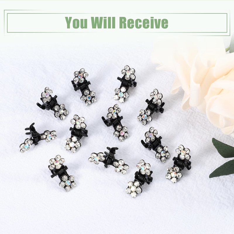 VOCOSTE 12 Pcs Mini Hair Claw Clip, Small Rhinestone Hair Clips, Metal Little Hair Clips for Women and Girl Flower Hair Accessories, White