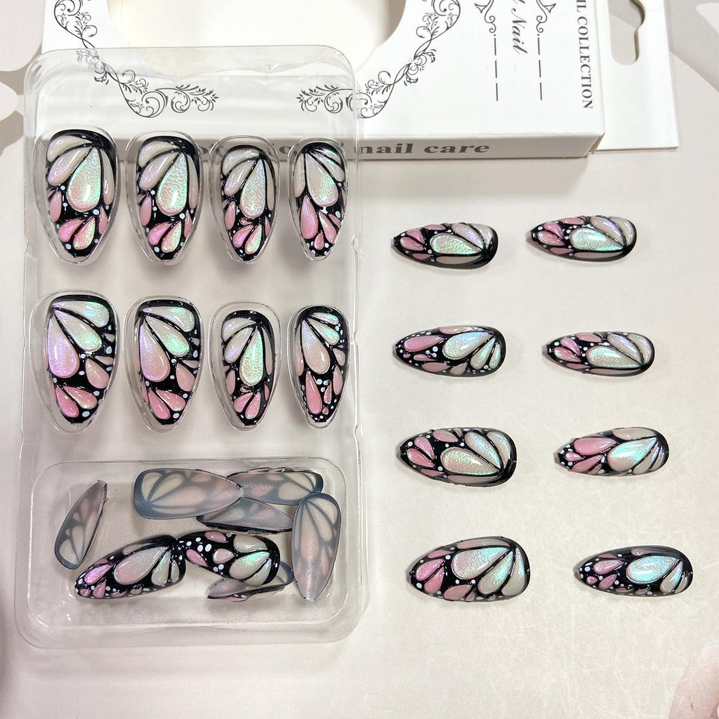 Vopintpy 3D Butterfly Pattern Press on Nails Medium Almond Fake Nails with Design Glossy Acrylic Glue on Nails Full Cover Stick on Nails for Women DIY Charm Manicure Decor