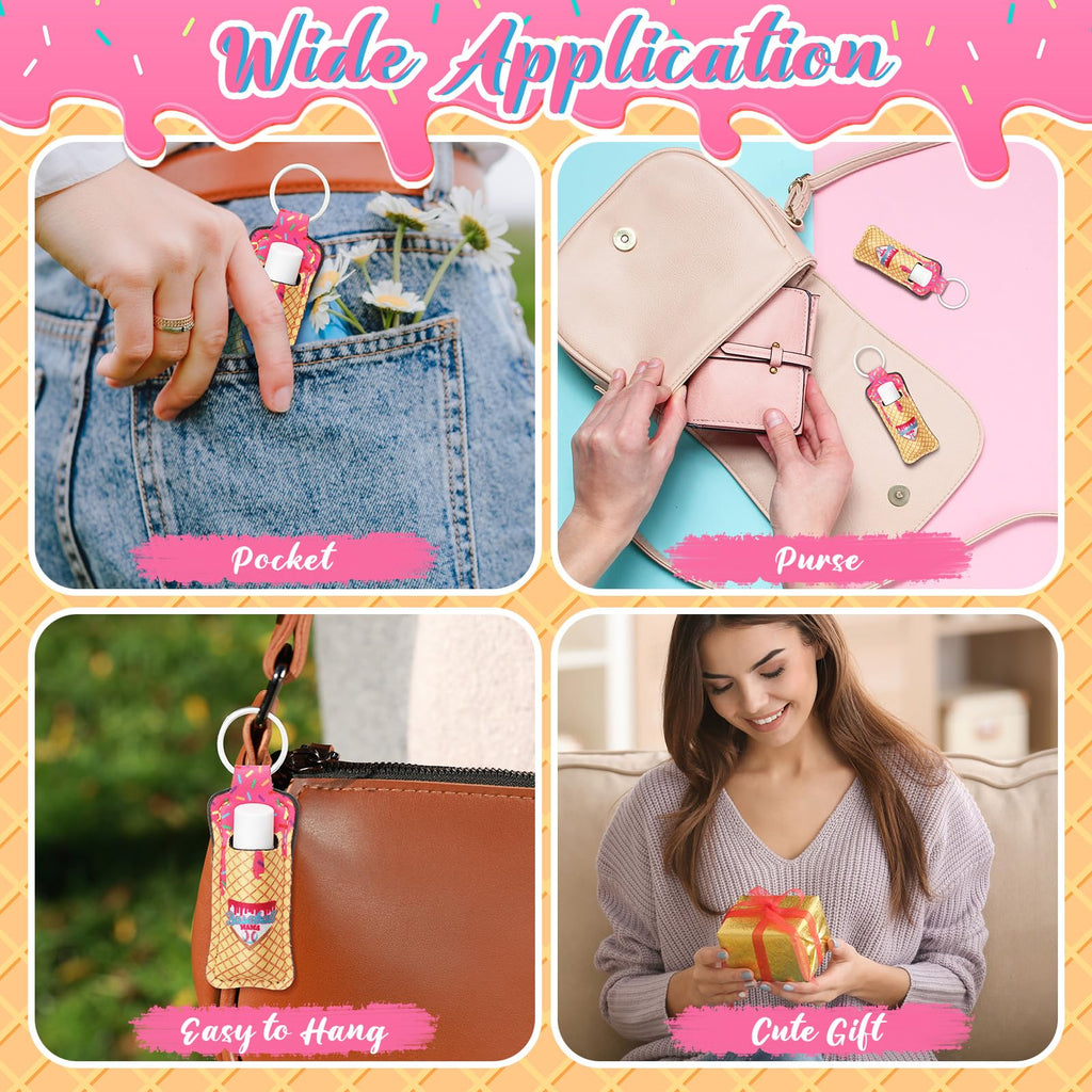 Loopeer 24 Pcs Baseball Party Favors Include Lip Balm and Lipstick Holder Keychain Bulk Moisturizing Pink Ice Cream Baseball Lip Balm Keychains Pouch for Team Gifts Sports Party Supplies