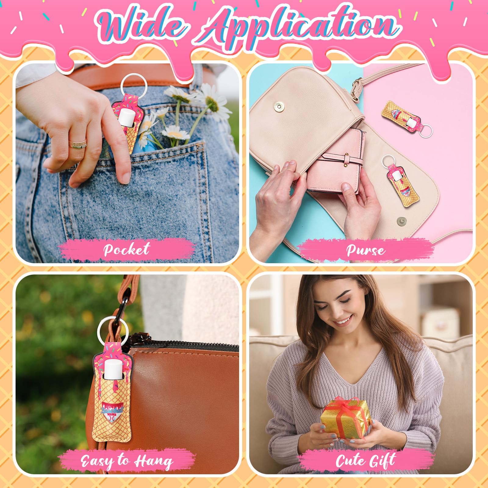 Loopeer 24 Pcs Baseball Party Favors Include Lip Balm and Lipstick Holder Keychain Bulk Moisturizing Pink Ice Cream Baseball Lip Balm Keychains Pouch for Team Gifts Sports Party Supplies