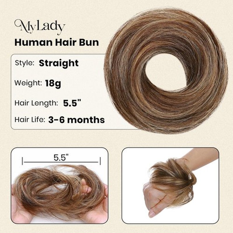 MY-LADY Messy Bun Hair Pieces Human Hair for Women Real Hairpiece Straight Scrunchies Tousled Updo Donut Chignon Ponytail Extension Medium Brown & Dark Blonde