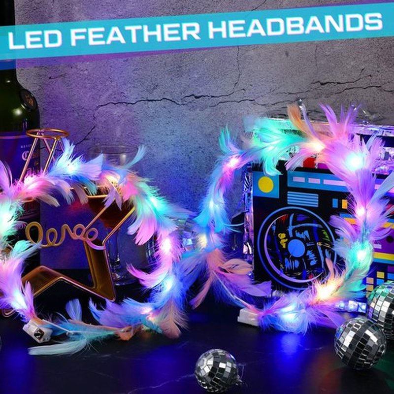 Taiyin 100 Pieces LED Feather Crown Headbands Light up Wreath Headband Flower Crowns for Women Glow in The Dark Headband for Wedding Reception Mardi Gras Cosplay Party Favors (Macaron Color)