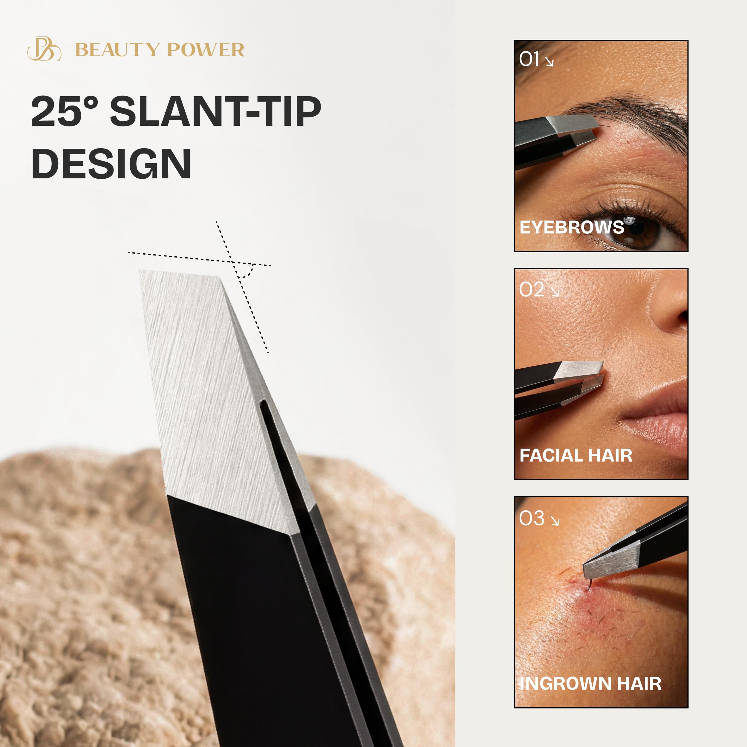 Beauty Power Professional Precision Slant Tweezers for Women Facial Hair - Tweezers for Men & Women, Eyebrow Tweezer for Ingrown Hair Blackhead & Splinter Removal - Gift Idea - Black