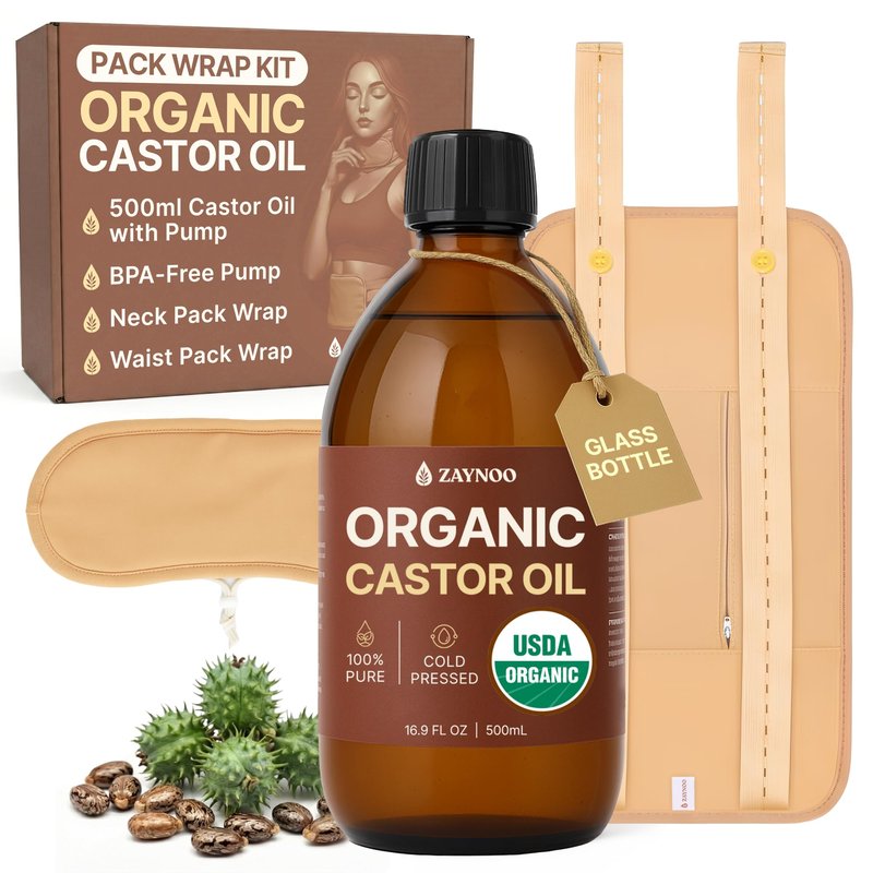 Zaynoo Castor Oil Pack Wrap Kit with 16.9oz USDA Organic Cold-Pressed, Hexane Free Castor Oil with BPA Free Pump, 2 Reusable Soft Organic Cotton Pack Wrap with Adjustable Straps for Neck & Belly