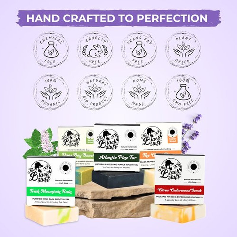 All Natural Bar Soap for Men Handmade Cold Process with Organic Ingredients and Essential Oils Mens Soap - Pine Tar, Citrus Cedarwood, Irish Mountain Rain, Good Room, Dogs Bay Beach Pack of 5