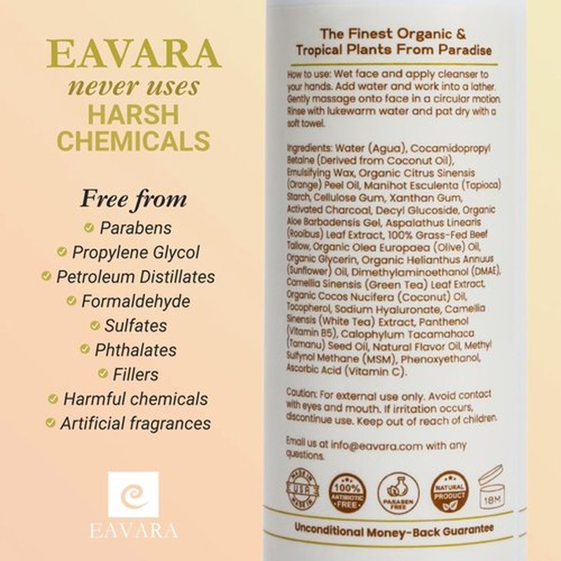 Eavara Beef Tallow Face Wash – Natural and Hydrating with Activated Charcoal, Aloe, Hyaluronic Acid, and Green Tea – Facial Cleanser with Grass Fed Beef Tallow – Face Wash for Women and Men – 6oz Pump
