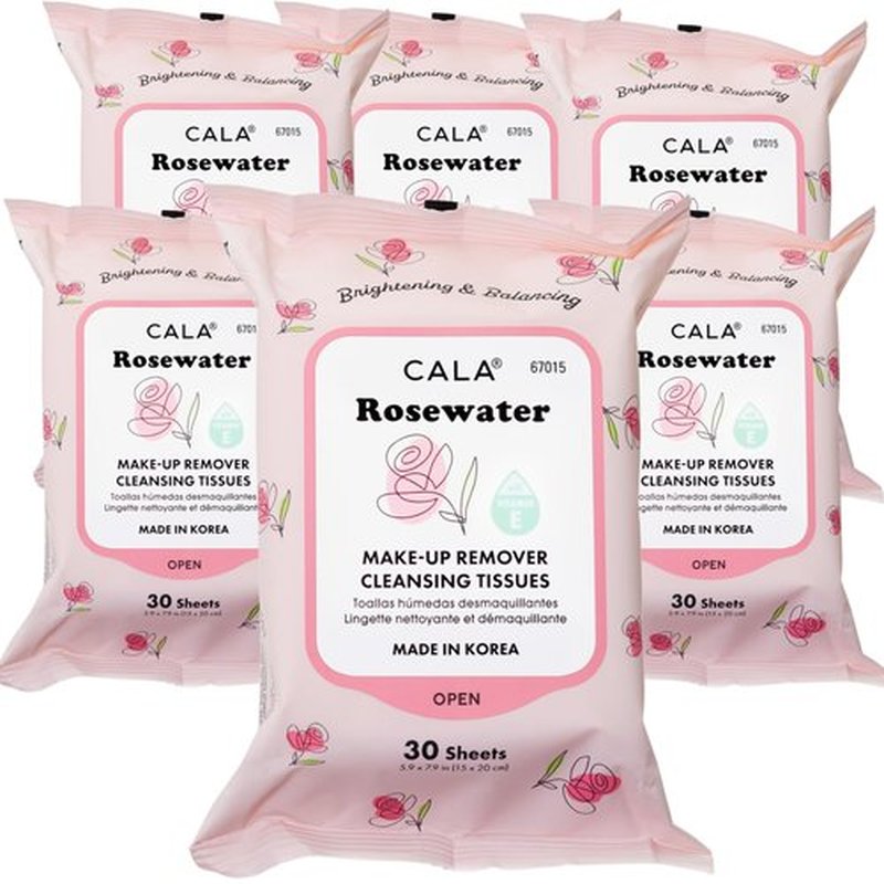 CALA Makeup Remover Cleansing Tissues: RoseWater (30 Sheets) - Gentle, Hydrating, and Effective Makeup Removal for All Skin Types (180 count, Pack of 6)