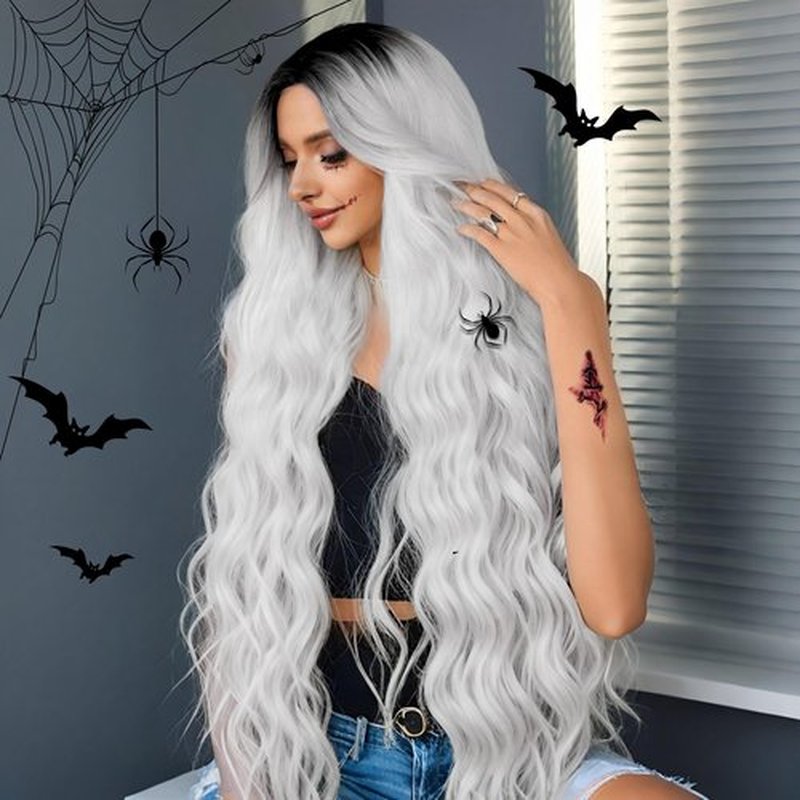 Miuric 30 Inch Long White Silver Wavy Wigs for Women Witch Ombre Grey Colorful Wigs Middle Part Water Wave Dark Roots Wig Women's Curly Wig Synthetic Wig for Cosplay Halloween Party Daily