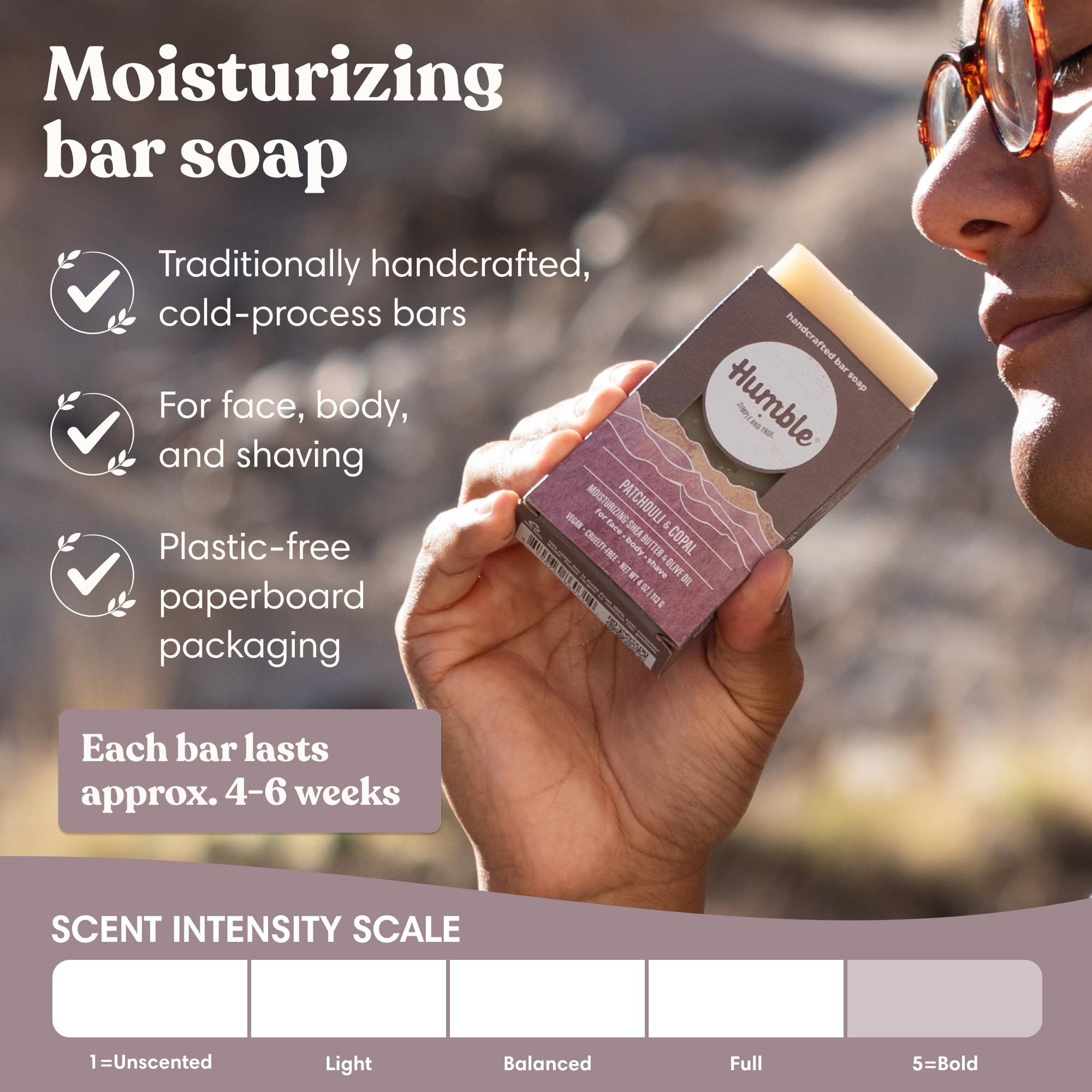 Humble Natural Bar Soap, Patchouli & Copal - Cold Processed Face & Body Soap Bar with Essential Oils - Moisturizing Formula for Long-Lasting Freshness, Gently Cleanses & Soothes Skin, Vegan - 3 Pack