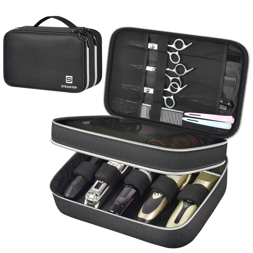 Steadtep Barber Clipper Organizer Bag, Double Layer Hair Clipper Case for Clippers, Guards, Scissors & Barber Supplies, Portable Travel Barber Bag with Transparent Guard Pockets (BLACK, LARGE)
