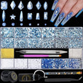 Nail Rhinestones Kit 9080PCS Flatback Rhinestones for Nail Crystals Decoration Nail Hearts Multi Shapes Mix Size and Metal Beads Pearl Gold Silver with Glue Gel and Pen Brush Tweezers(Light Blue)