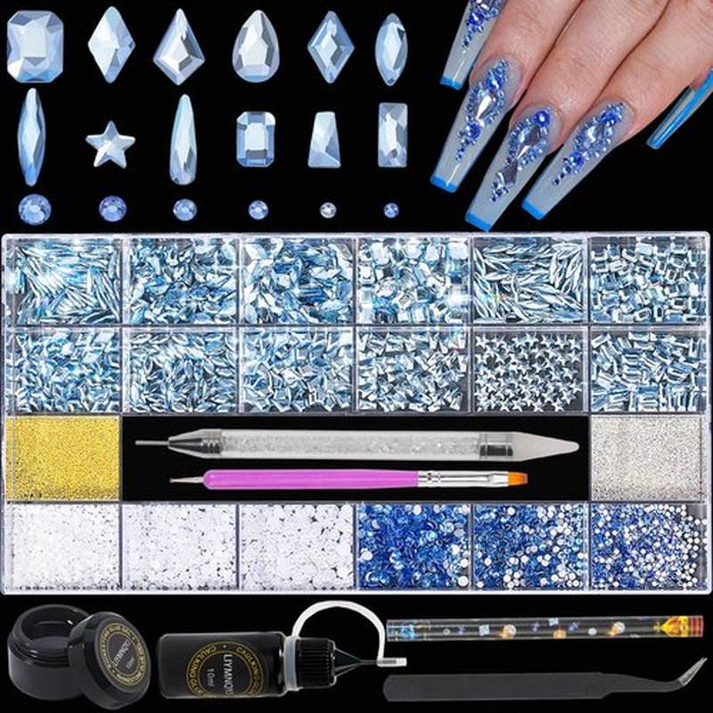 Nail Rhinestones Kit 9080PCS Flatback Rhinestones for Nail Crystals Decoration Nail Hearts Multi Shapes Mix Size and Metal Beads Pearl Gold Silver with Glue Gel and Pen Brush Tweezers(Light Blue)