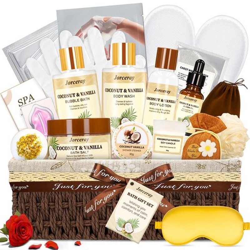 Jorceray 22PCS Spa Gift Baskets for Women, Luxury Bath and Body Gift Basket Set for Women Coconut Vanilla Spa Kit Relaxing Spa Self Care Gift for Her Wife Lover Mom Sister Friend