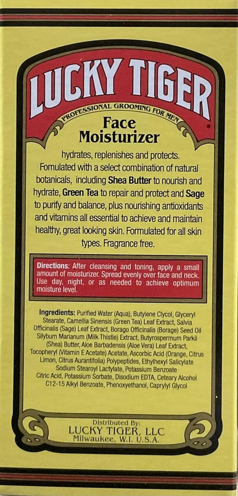 Lucky Tiger Face Moisturizer for Men - Hydrating Facial Cream with Shea Butter & Green Tea | 3.5 Fl Oz
