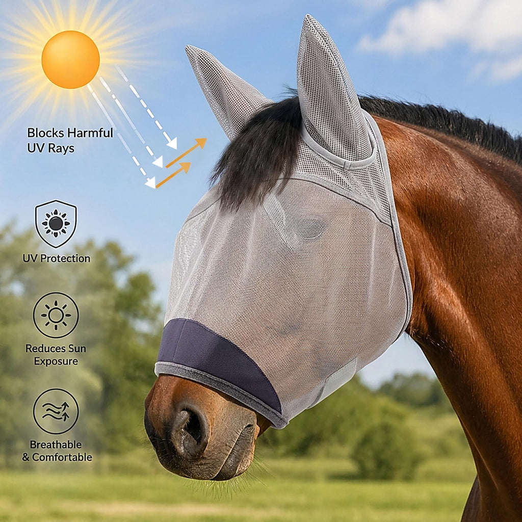 Horse Fly Mask with Ears - UV Protection Fine Mesh Super Comfort Fly Masks for Horses, Adjustable Breathability Horses Masks, Pony Equine Fly Mask for Miniature Foal Draft Cob Srabian Full (Gray, L)